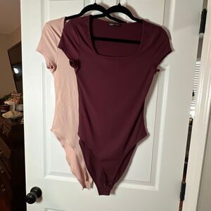 SHEIN Ribbed Bodysuit Bundle – 2 Piece (Burgundy & Blush Pink) – Size L
